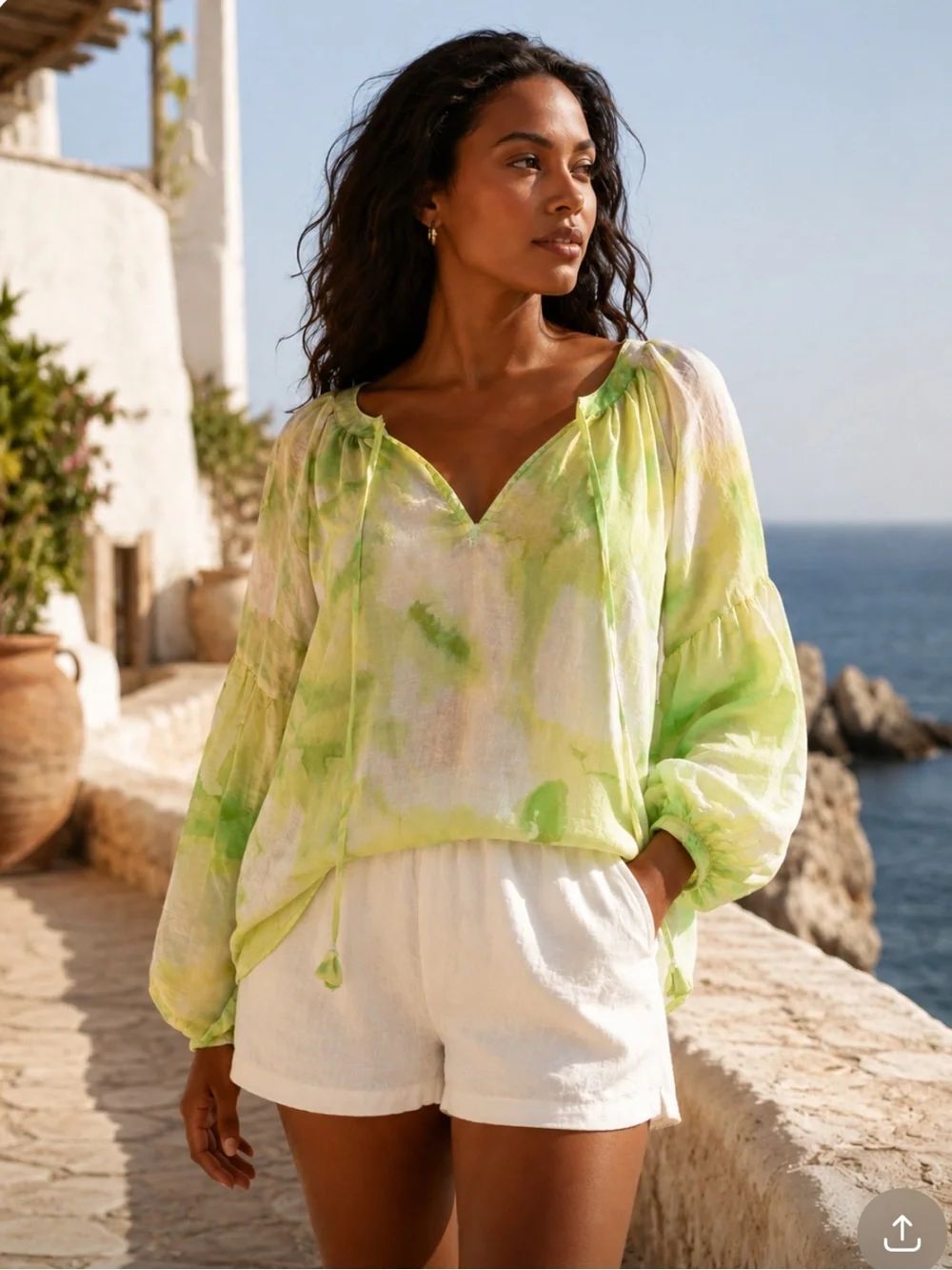 TOMMY BAHAMA Linen Peasant Blouse in Lime Green and White Size Medium